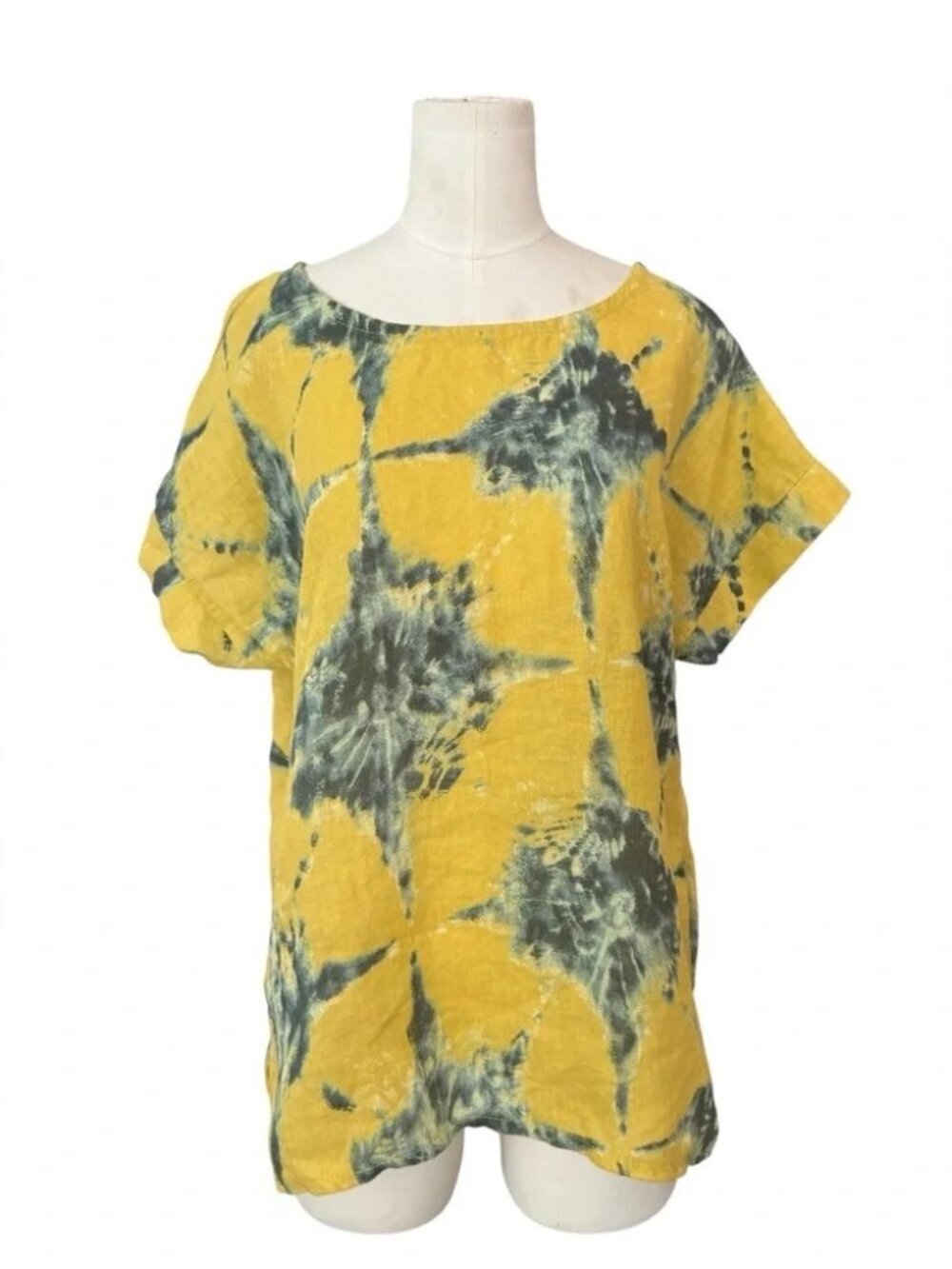 BELLAMBIA - 100% Linen Yellow Abstract Floral Short Sleeve Top Size S - Picture 2 of 8